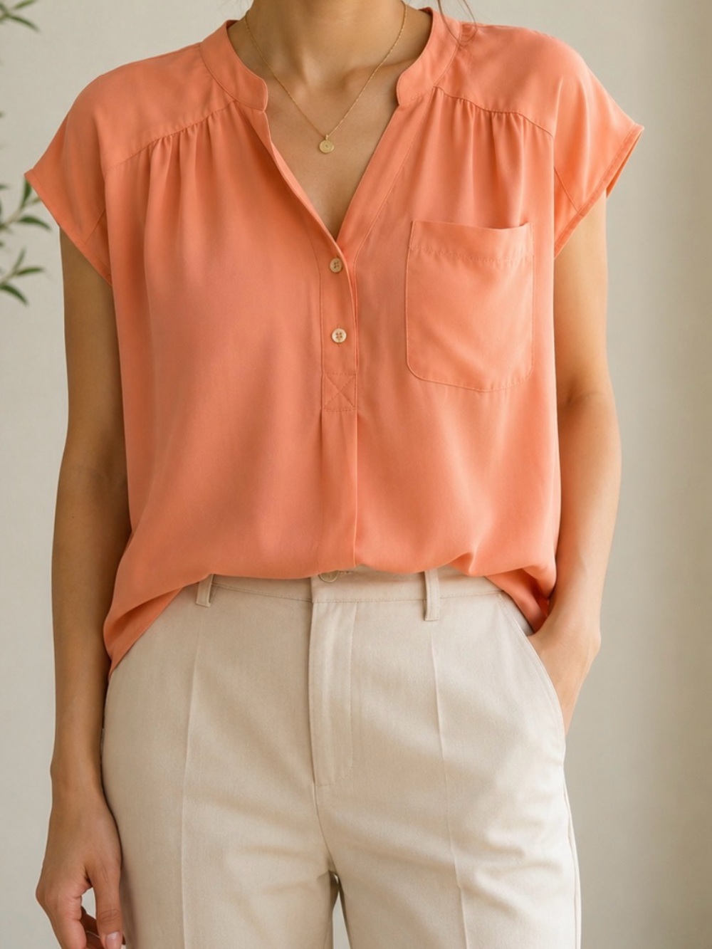 New York & Company Peach Cap-Sleeve Button-Placket Blouse